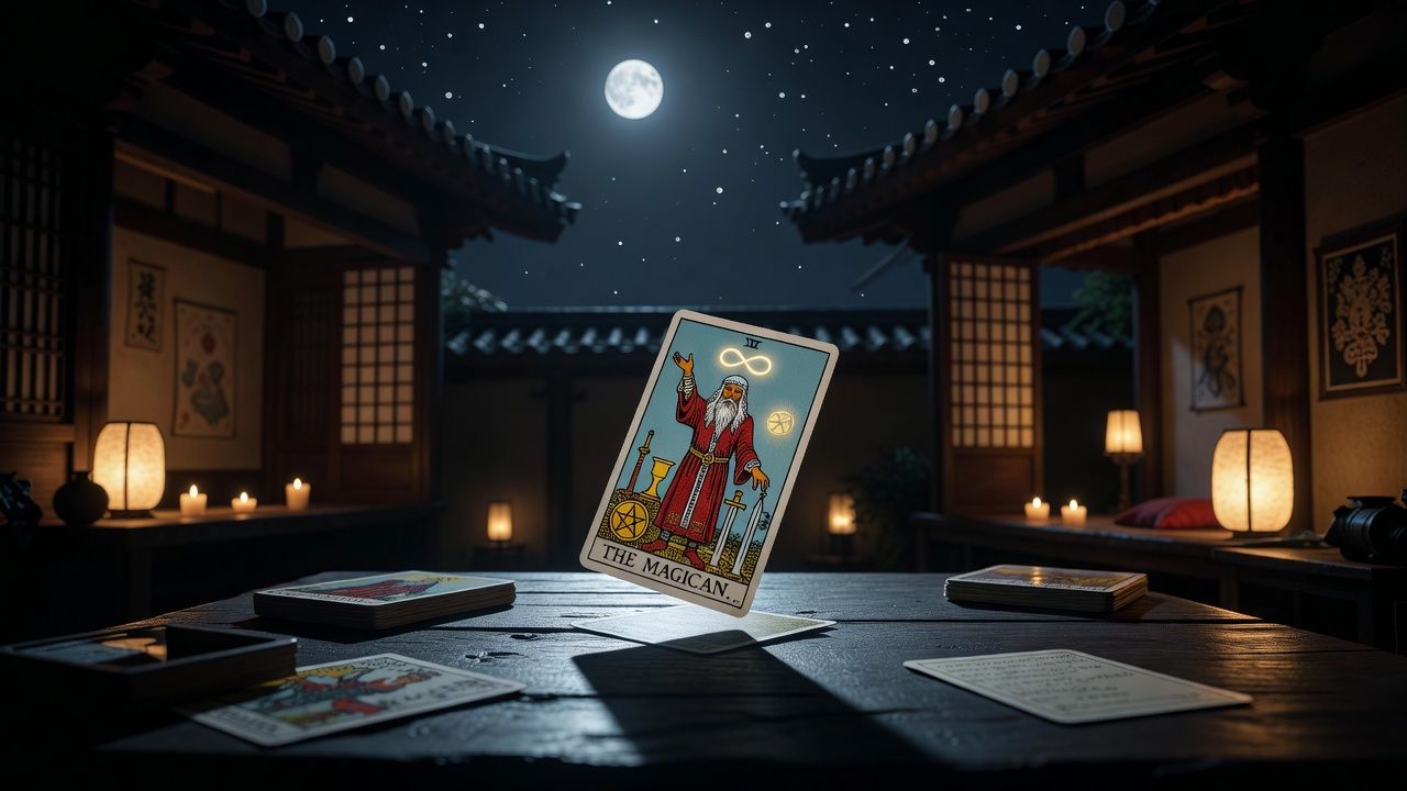 魔術師牌義：一手指天一手指地、桌前四元素、頭頂無限符號的 The Magician 牌面象徵